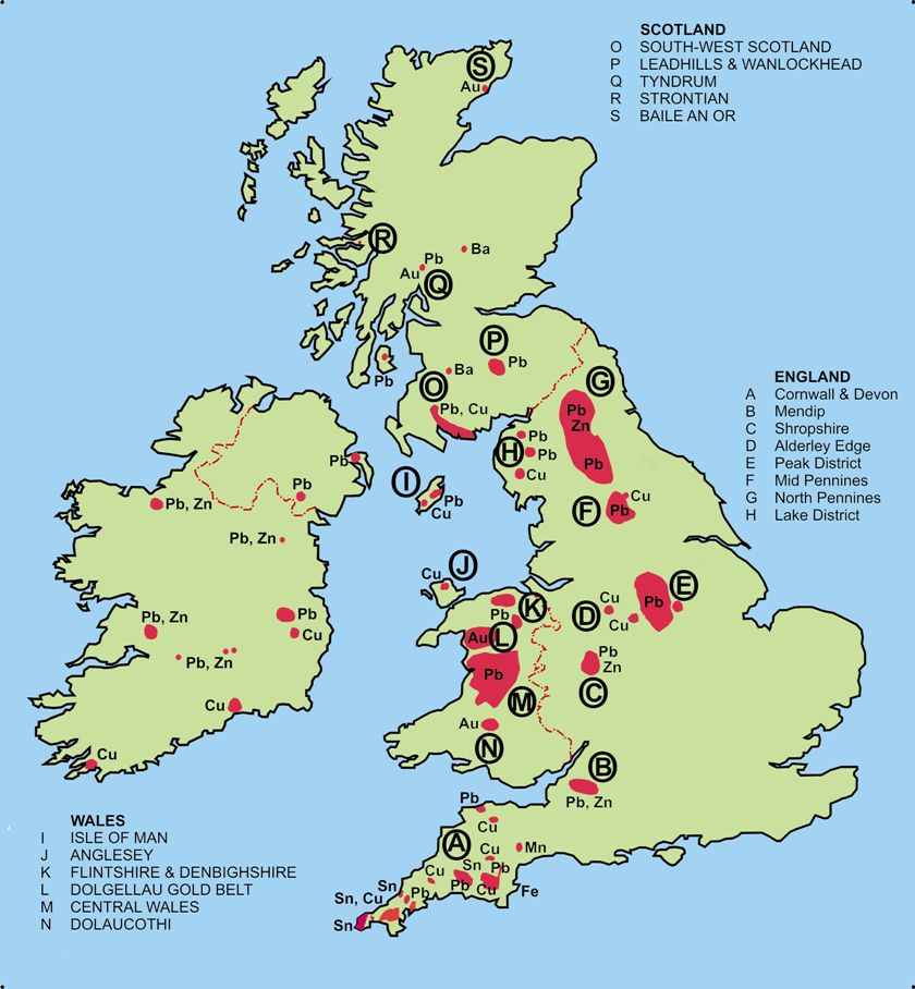 map of metalliferous mining areas in the UK
